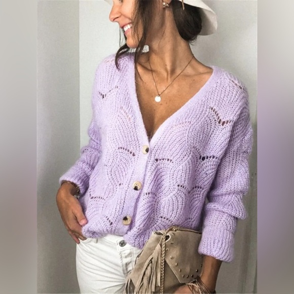Openwork V-Neck Button Up Cardigan